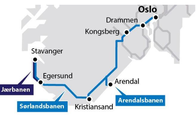 11. Kollektivtransport - Jernbane Sørlandsbanens hovedakser blir definert som strekningene Oslo-Kristiansand og Kristiansand-Stavanger.