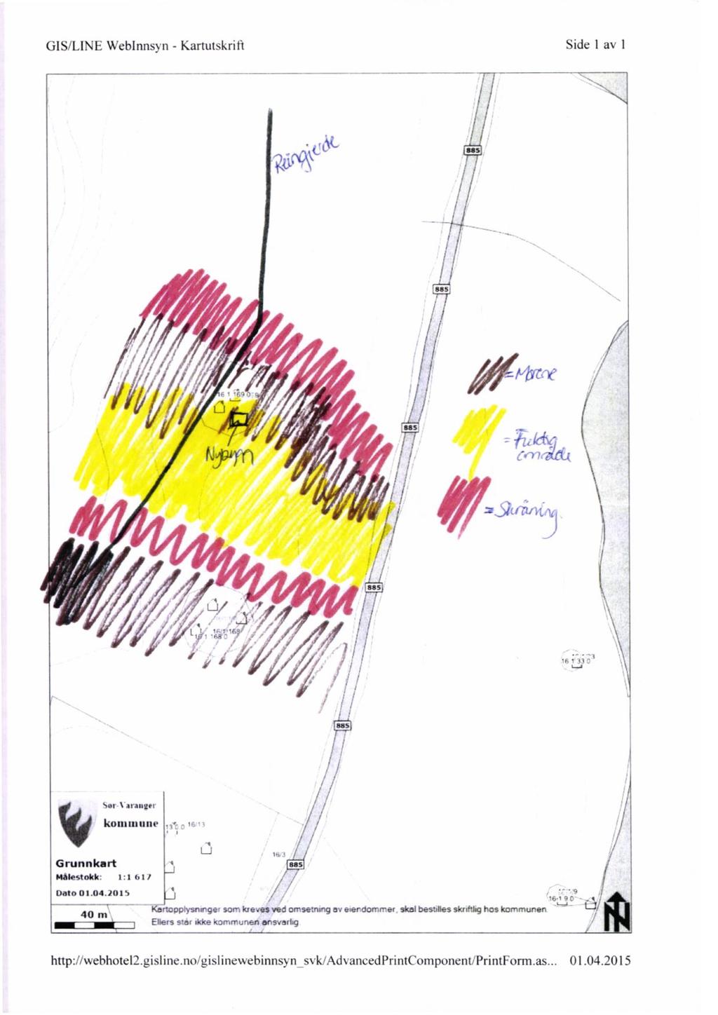 GIS/L1NE WebInnsyn - Kartutskritt Side 1 av 1 Nk- -,,( ( 855 --r,, ; ' sess 1 517135 Irlirii',411 41-.11 2e1 konunune Grunnkart, MMestokk: 11 1, I / t.l!ts1 Dato 01.04.201') 40 ni Ker.00pysn,rge.