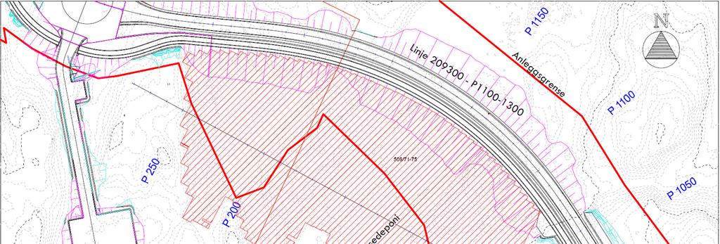 NOTAT Figur 4: Detalj av planlagt oppfylt område ved Fossbekk vist med rød skravur. Anleggsgrense er vist med rød strek.