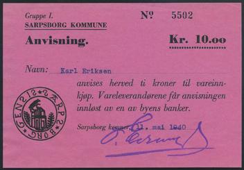 Obj.nr. Obj.nr. F 977 SARPSBORG KOMMUNE. 10 kr 1940 Nødseddel, Sæthre N 105, Eldorsen N 79, 0 UNIK - ikke tidligere registrert, kv. 0/01. Fra Peder Madsens samling.