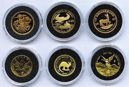 Obj.nr. 20 1229 CANADA. Gold Maple Leaf 2003-2007. 5 forskj. à 1/4 oz i 99,99% rent gull. Flott 0 treskrin m/garantibevis og lupe. Proof kval. 1230 CHILE. Pesos 1926, kvalitet 1+/01.