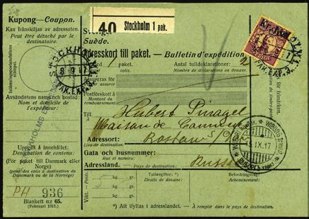 Obj.nr. Obj.nr. Sverige fra Facit 68 (Facit) 12 F 3198 Br 97. Singel 1.98/5 kr på paket-adressekort til Russland, fra Stockholm 8/9 1917. 6 Vakker raritet i utsøkt utstillingskvalitet! Transittstpl.