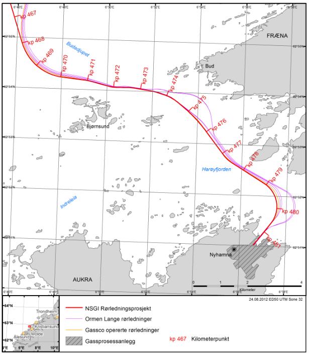 Figur 2-2 NSGI rørledningstrasé gjennom Bjørnsundet med KP punkter.