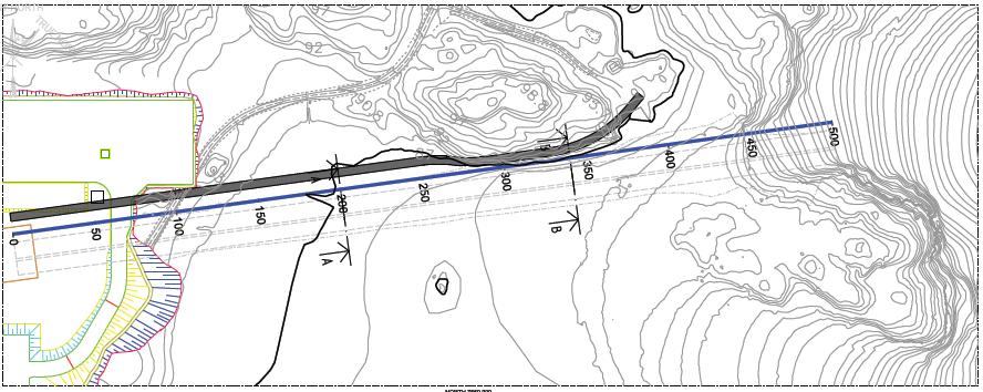 Figur 2-14 NSGI rørledningen (blå) samt arbeidsvei (mørk grå) ved ilandføringen ved Nyhamna. En fjellknaus på ca 1.000 4.000 m 3 ved KP 479 skal fjernes.