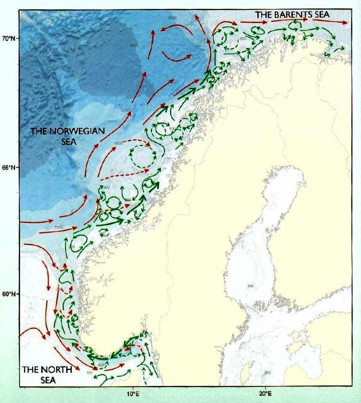 Figur 5-4 Overordnede strømforhold i overflaten (0 50 m) for Norskehavet og Nordatlanten.