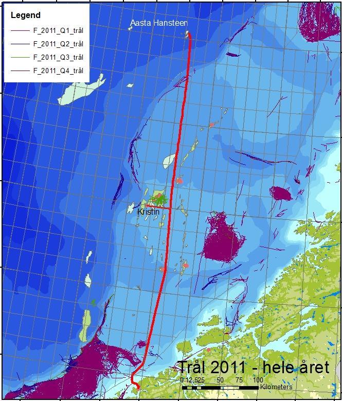 5.6.1 Resultater fra Fiskeridirektoratets satellittsporing av fiskefartøyer For å få et oppdatert bilde av fiskeriaktiviteten langs traséen for NSGI rørledningsprosjektet er det innhentet satellitt