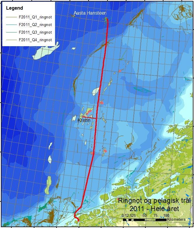 Figur 5-13 Kvartalsvis fordeling av fiske i området omkring NSGI traséen i 2011.