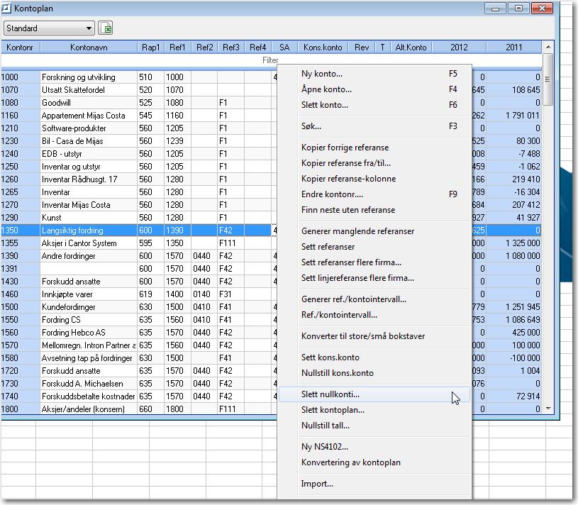 Slett Nullkonti Dersom det i kontoplanen ligger mange konti som ikke er i bruk, kan det være nyttig å slette de konti som har Null i saldo.