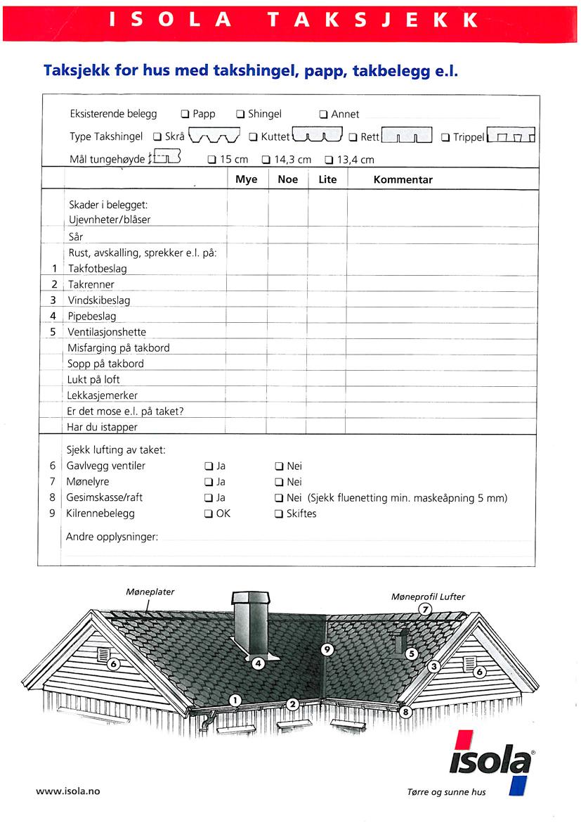 Ujevnheter/blåser/sår Mye Noe Lite 2 Sløyfer Dimensjon mm 3 Lekter Dimensjon mm 4 Lekteavstand c/c-avstand mm 5 Takstein 5 Stålplater 5 Annen yttertekking 6 Stige Lengde mm 6 Snøfangere 6 Vannbord 6