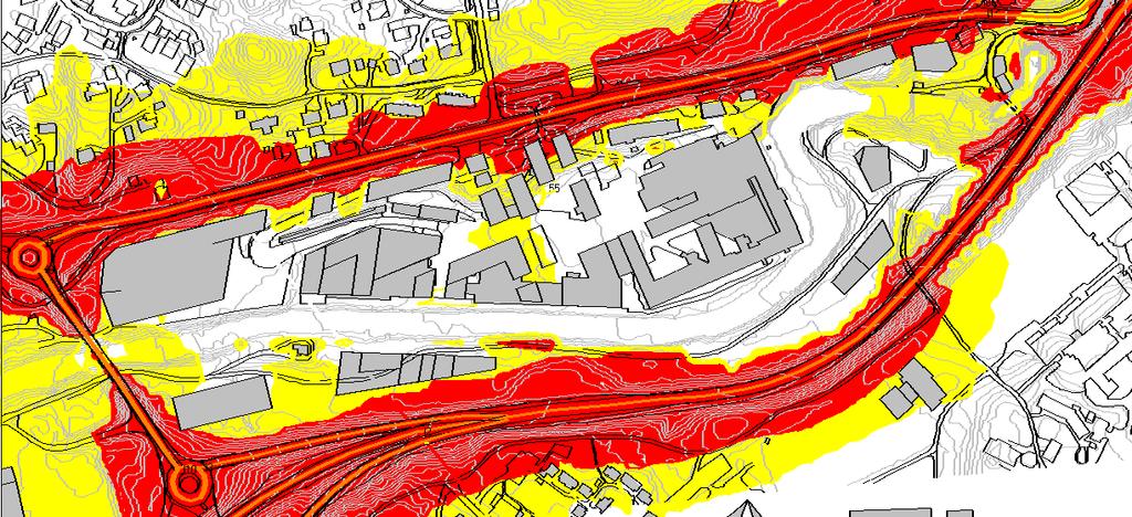 Ut fra dette er det foretatt beregning av støysoner i 4 m s og 1,5 m s høyde over terreng i samsvar med T- 1442. Dette er vist på støysonekart under.