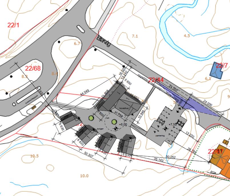 Det er til nå planlagt å bygge fire fire omsorgsboliger på 48 m 2 samt et administrasjonsbygg på 207 m 2 som skal romme kontor, oppholdsrom, felles vaskerom, toaletter og akuttleilighet.