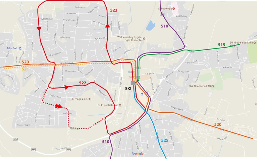 Planlagt fremtidig bussbetjening av Ski sentrum (våren 2018 sommeren