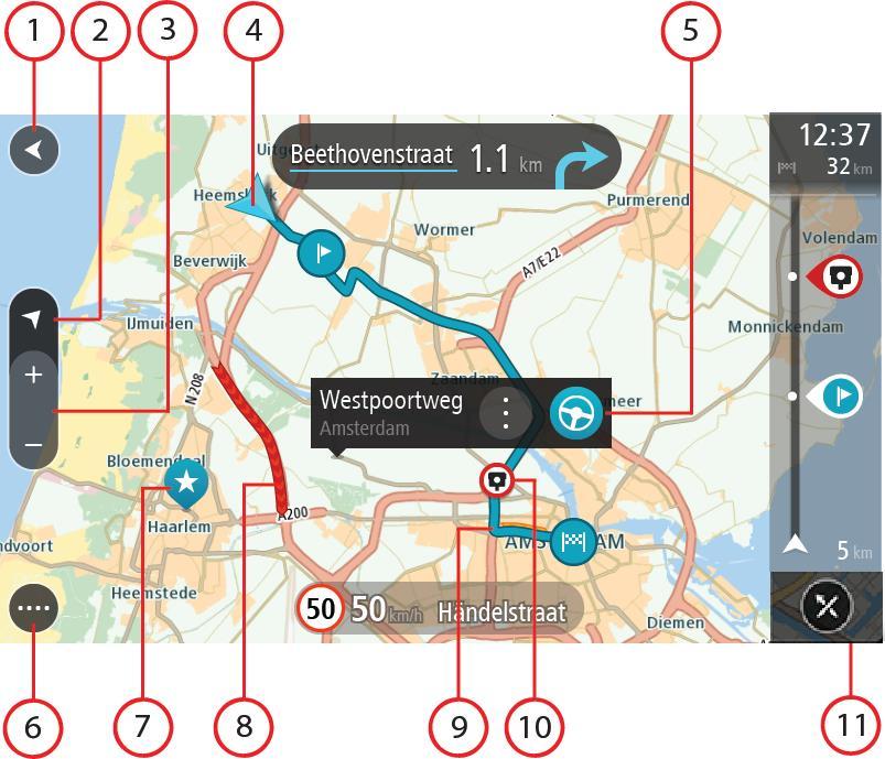 Hva vises på skjermbildet i TomTom Navigasjons-appen? Kartvisningen Kartvisningen vises når du ikke har planlagt en rute. Faktisk posisjon vises med en gang TomTom BRIDGE har innhentet GPS-posisjon.