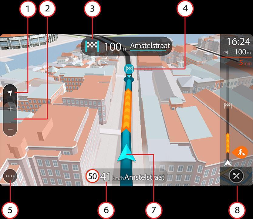 Tips: Når du har planlagt en rute, og 3D-veiledningsvisningen vises, kan du velge Visningsknappen for å bytte til kartvisningen og bruke de interaktive funksjonene. 1. Visningsknapp. Trykk på Visningsknappen for å veksle mellom kartvisningen og veiledningsvisningen.