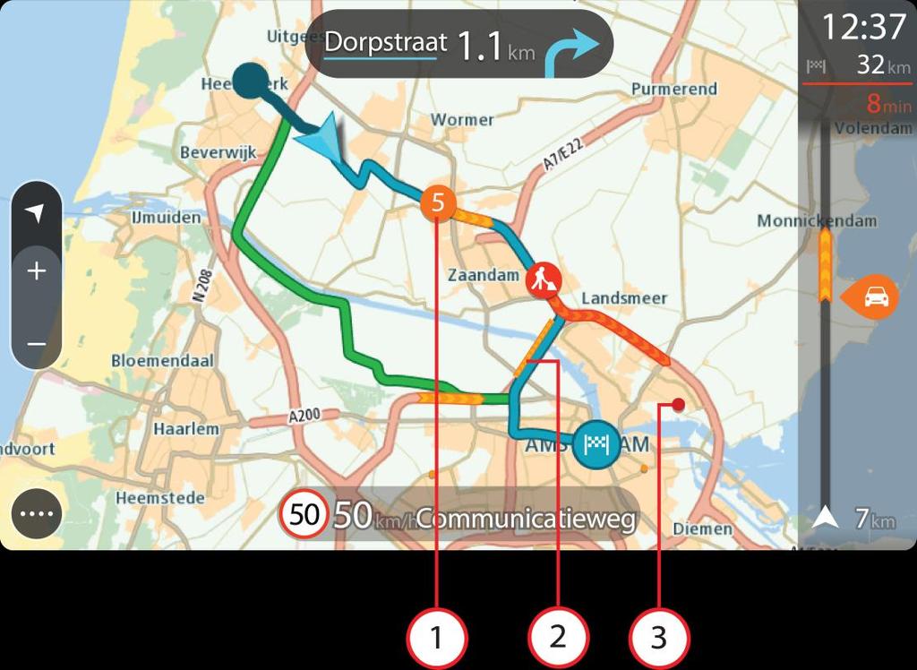 Tips: Velg en hendelse på kartet for å se mer detaljert informasjon. 1. Trafikkhendelse som får følger for ruten i din kjøreretning.