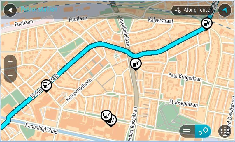 1. Velg Hovedmeny-knappen for å åpne hovedmenyen. 2. Velg Bensinstasjon. Kartet åpnes og viser hvor det finnes bensinstasjoner. Hvis en rute er planlagt, viser kartet bensinstasjoner langs ruten.