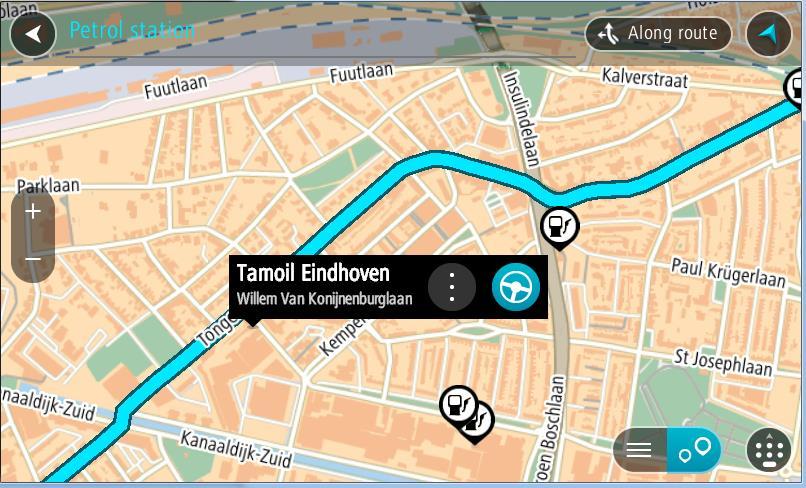 Det åpnes en hurtigmeny på kartet som viser navnet på bensinstasjonen. 4. Velg Kjør. En rute planlegges, og navigasjon til reisemålet ditt begynner.