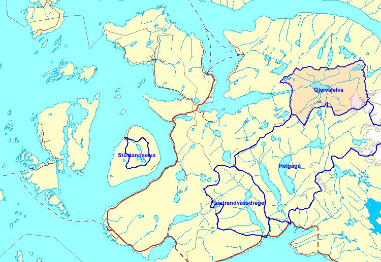 Fig. 5.1.2: Vernede vassdrag i Vannområdet, Gjervalelva (Rødøy) og Stuvlandselva (Lurøy), kilde NVE/ verneplanarkiv for Nordland Stuvlandselva ligger på øya Aldra i Lurøy kommune.