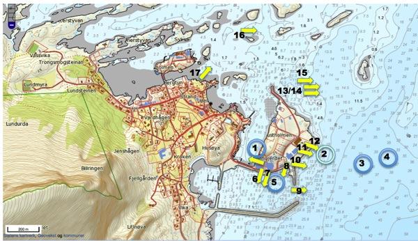 Fig 2. Inntakspunkter for sjøvann er merket med rundinger, og utslippspunkter til sjø er merket med gule piler 1.