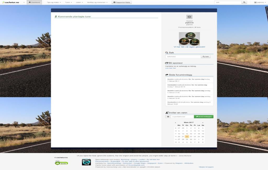 Oppbygging og dashbord Hovedsiden til cachetur.no etter du har logget inn, er dashbordet.