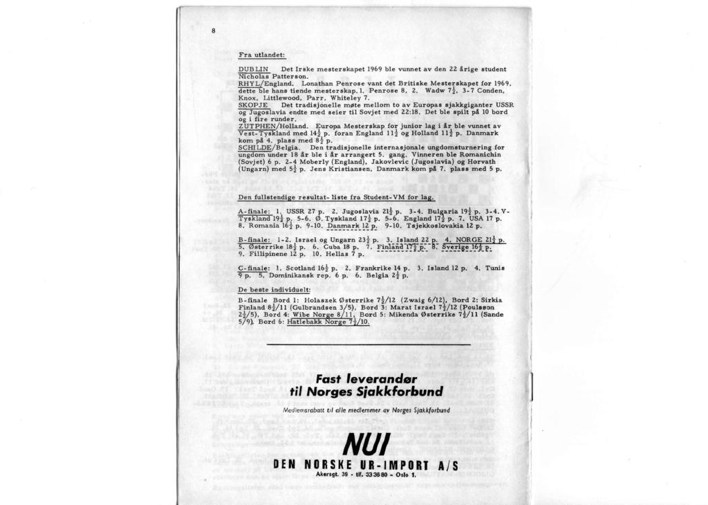 8 F r a utlandet: P U B L I N Det Irske mesterskapet 1969 ble vunnet av den 22 årige student Nicholas Patterson. R H Y L / E n g l a n d.