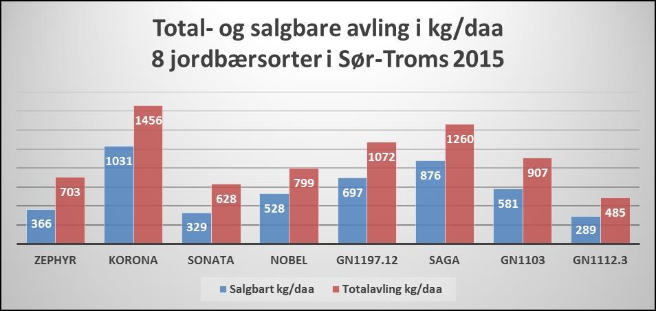 Figur 3: Total- og salgbar avling i kg/daa i 8 jordbærsorter. Sør-Troms 2015 Figur 4: Bærstørrelse i gram. 8 jordbærsorter. Sør-Troms 2015 Zephyr (NL) Zephyr er en av kontrollsortene i feltet.