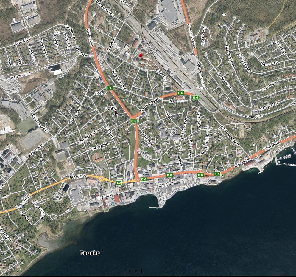 Tegning 101 Oversiktskart over Fauske sentrum Knappenål på prosjekt Smart House Fauske Gnr/bnr 103/839 m.fl.