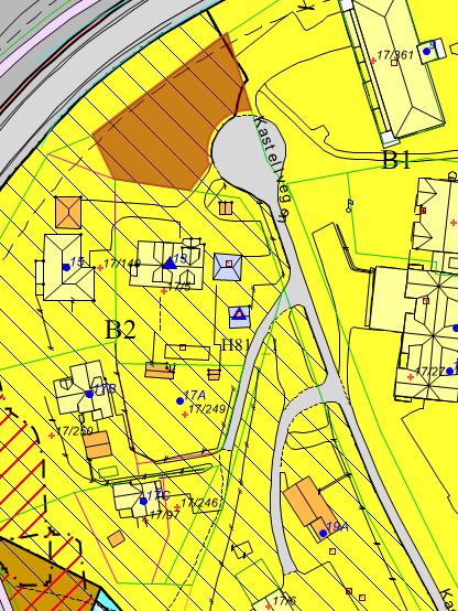 Kastellvegen (del av gbnr. 525/1): Eiendommen er ca. 1,1 da.