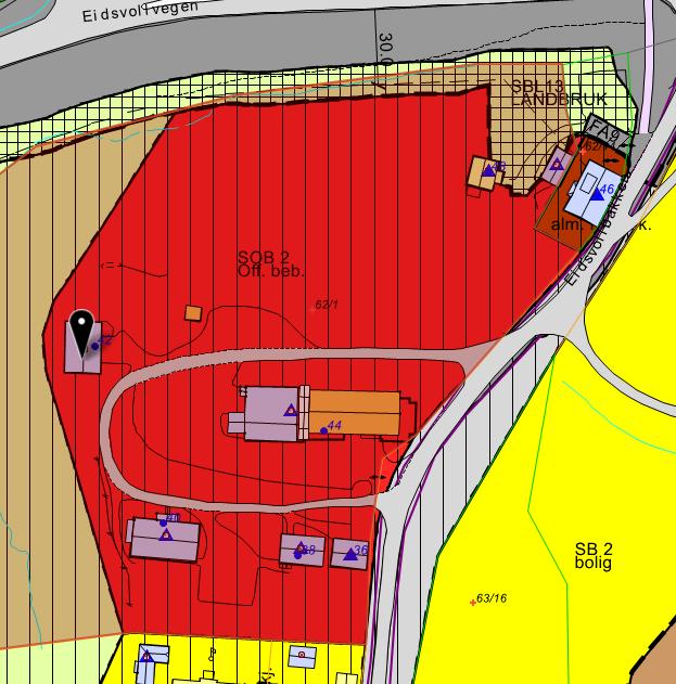 Badebakken (gbnr. 62/1): Eiendommen er ca. 32 da., og er regulert til offentlig formål.