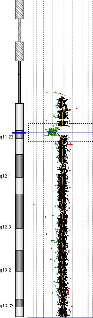 Signal fra TBX1-genet er grønne -> genet er tilstede i bare 1 kopi DNA fra pasient og kontroll kuttes i biter og merkes med hver sin farge - Røde signal: for mye fra pasient - Grønne signal: for lite