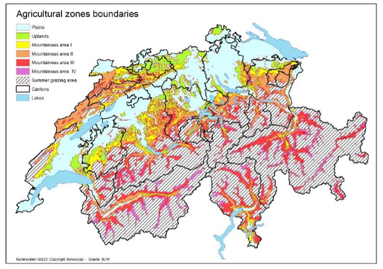 Figur 2.1 Jordbruksarealene i Sveits er seks soner (FOAG, 2016). Til tross for mye fjell og marginale arealer, blir mer enn en tredjedel (36%) av landarealet i Sveits brukt til jordbruksformål.