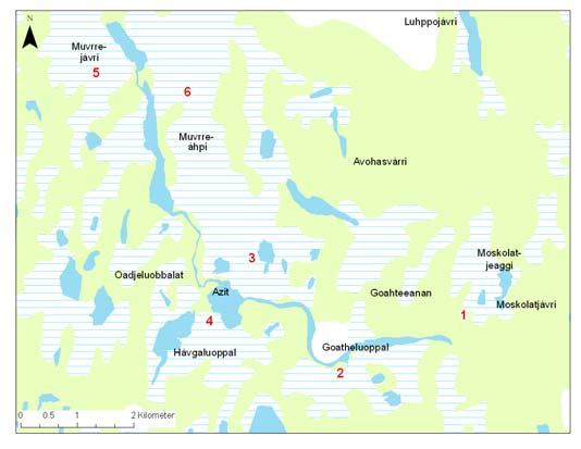 7: Delområder innen myrområdet Goahteluoppal sørvest for