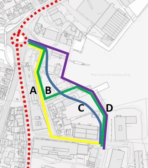 Plangrep 3 - trafikk på områdenivå internvei Internvei fire alternativer Hovedadkomst nord - fire alternative traséer Ny hovedadkomst til hele området med bil skal være via Bukta, ihht vedtatte