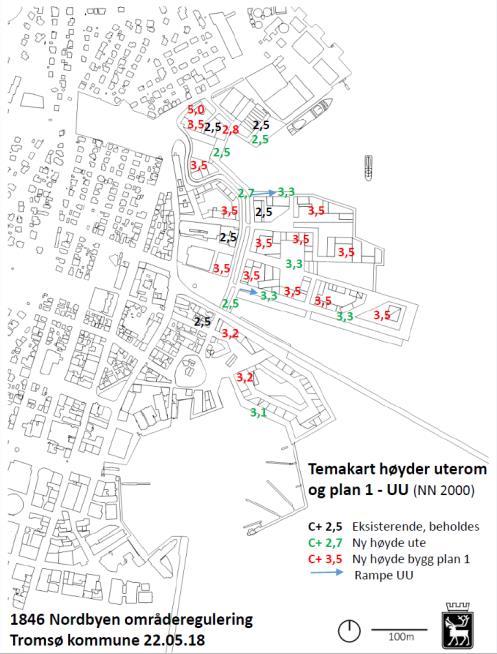 Valg av prinsipper for å matche havnivåstigning. Høydekrav til ny bebyggelse og ny infrastruktur Høyde på ny bebyggelse settes til C+3,5 m (NN2000) ihht gjeldende KPA.