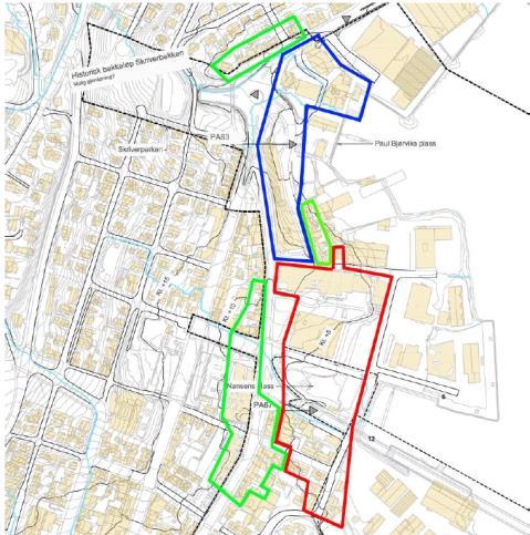 Deler av lavtliggende eksisterende bebyggelse må tilknyttes PA67 via nytt trykkavløpssystem, se figur til venstre bebyggelse i rødt og blått felt må tilknyttes, grønt felt må undersøkes nærmere.