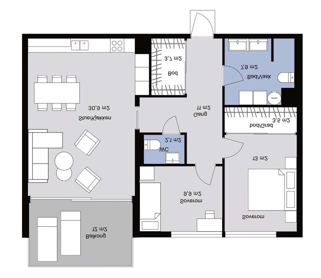 Leilighet B1-1. etasje BRA 87,7 m 2 + sportsbod Terasse 12,0 m 2 Parkingsplass i kjeller Separat gjestetoalett.