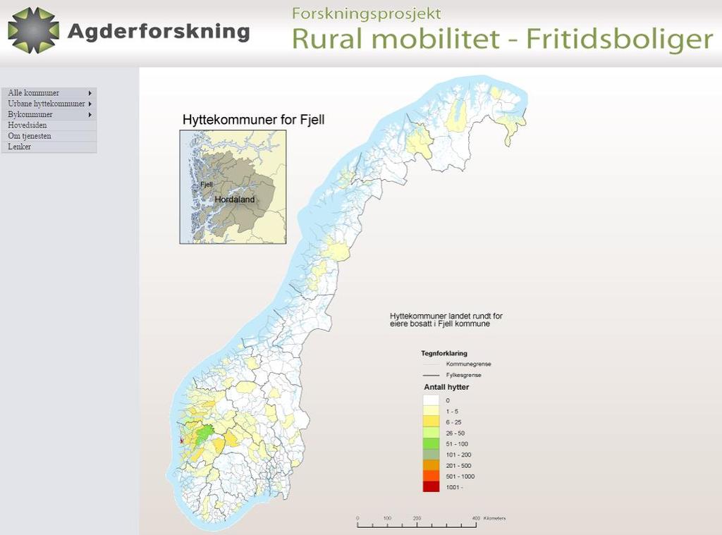 Kommunens egne innbyggere har flest hytter i hjemkommunen(1.348) dernest i Kvam (75) og på Voss (69). For øvrig har de hytter spredd over hele landet.