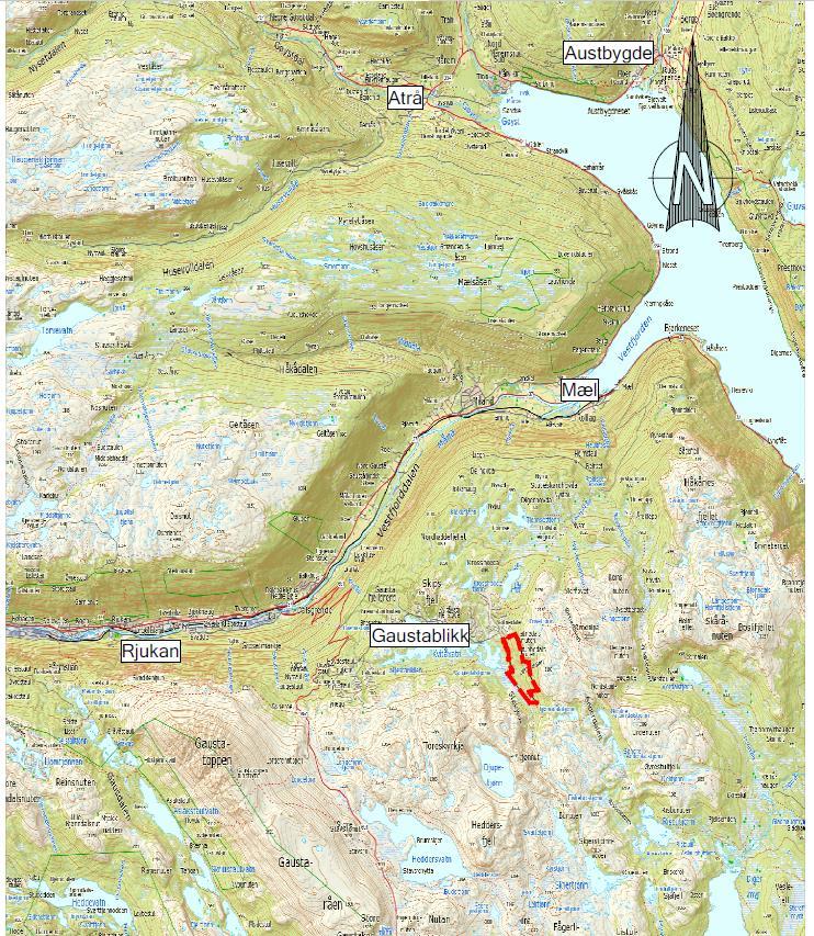 1.2 Planområdet 1.2.1. Beliggenhet og avgrensning Planområdet ligger i område Gaustablikk ved Vatnedalen / Vatnedalstjønn i Tinn kommune.