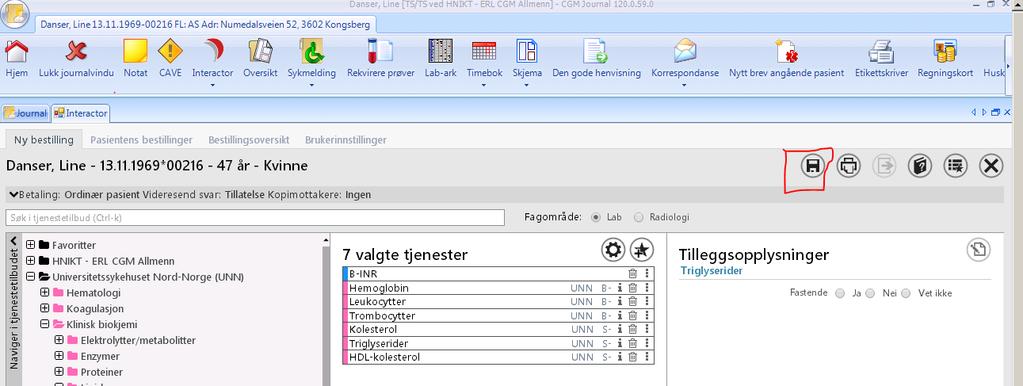 5. Velg Lagre til intern lab bestilling av blodprøver