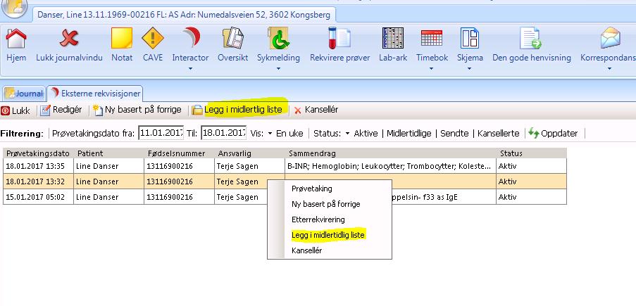 Bestillingen er nå kun synlig under «Pasienten bestillinger og den vil ikke utløse noen takster eller journalføres før prøven aktiveres og tas. c.