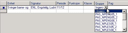 Dersom en lærer skal knyttes til flere grupper, lag ny rad (Ctrl + N), og velg gruppe (punktene 4 og 5 over) inntil læreren har blitt registrert med alle sine