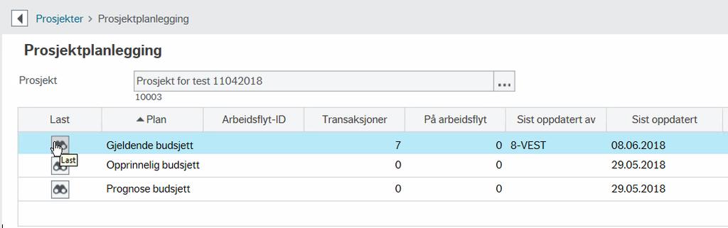 Det er definert et eget oppsett for prosjektbudsjettering, PROSJEKT, som åpnes automatisk når bruker går via Verktøy Planlegger i prosjektregisteret.