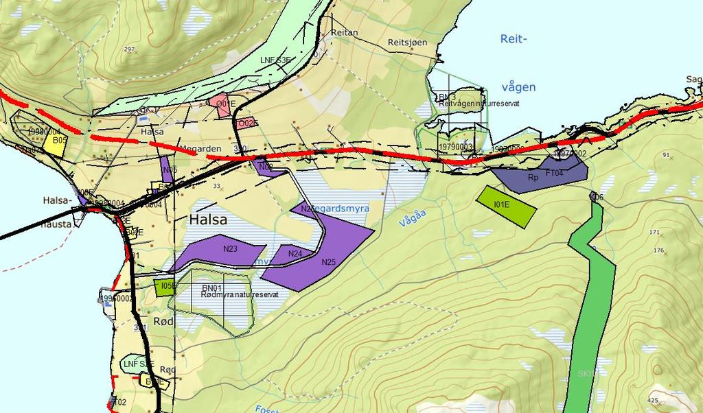 Viktigaste endringane i planen, Halsanaustan KPA viser store (ca 300 Daa) næringsareal i tilknyting til hamn og (eksisterande/framtidig) E39 på Røemyra. Hamna er vist i plan for sjøområda.