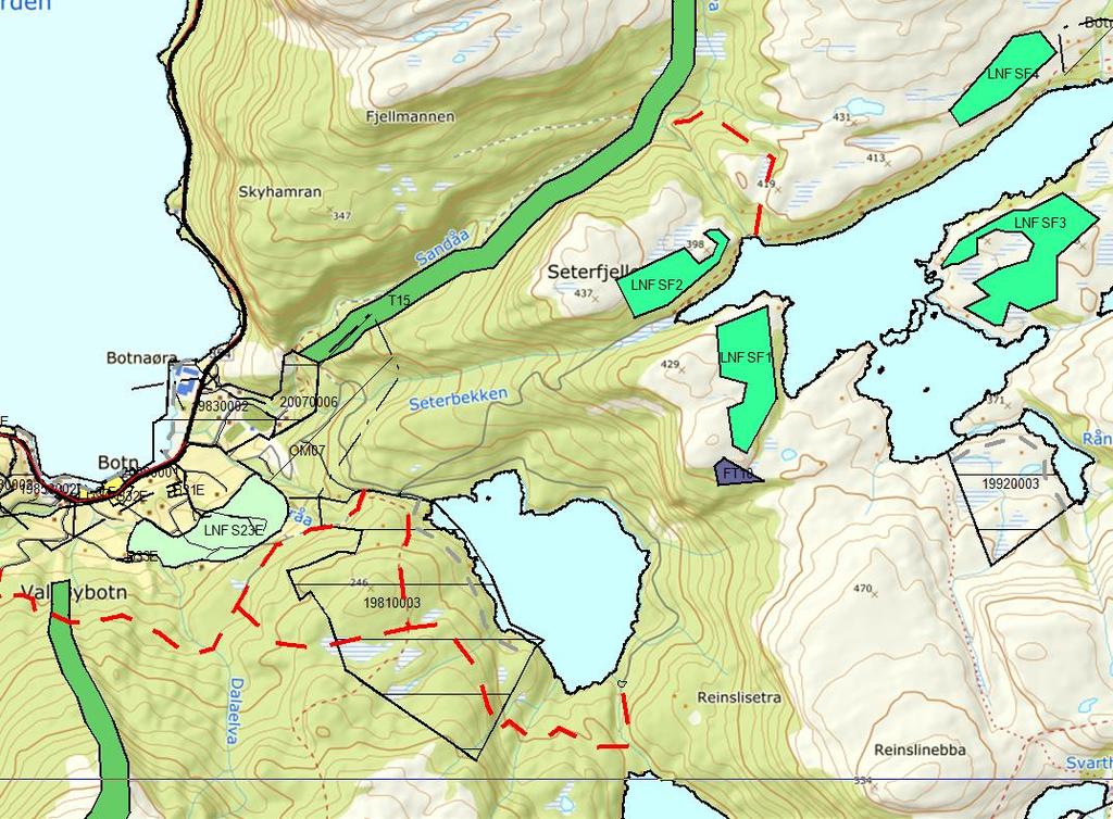 Andre vesentlege endringar i planen Kring Botnavatnet er det sett av 4 områder (LNF-s) der det kan
