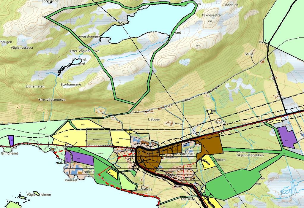 Mål 2, om styrking av Liabøen: Planen viser: Området mellom skulen og (det som i dag er) sentrum er vist som «sentrumsformål».