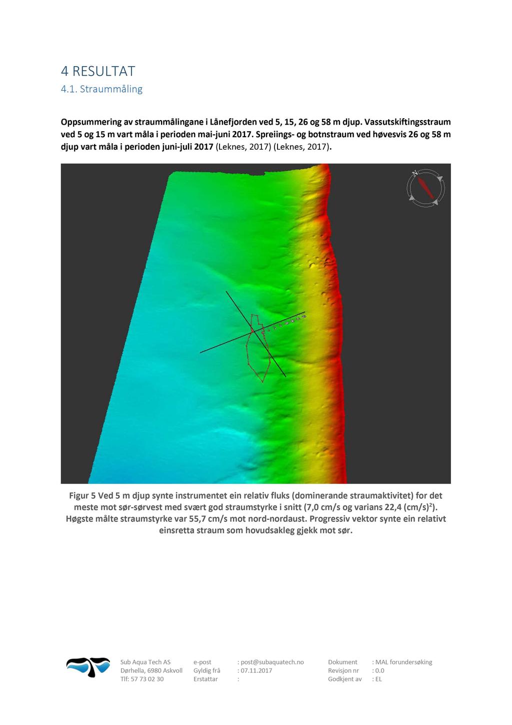 4 R E SU LTAT 4.1. Straummåling Oppsummering av s traummålingane i Lånefjorden ved 5, 15, 26 og 58 m djup. Vassutskiftingsstraum ved 5 og 15 m vart måla i perioden mai - juni 2017.