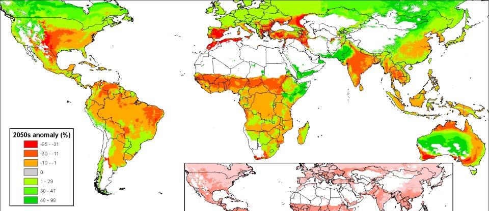 Klimaeffekt på plantegenetiske ressurser for mat og landbruk Average projected % change in suitability for 50 crops, to 2050 Source: A.
