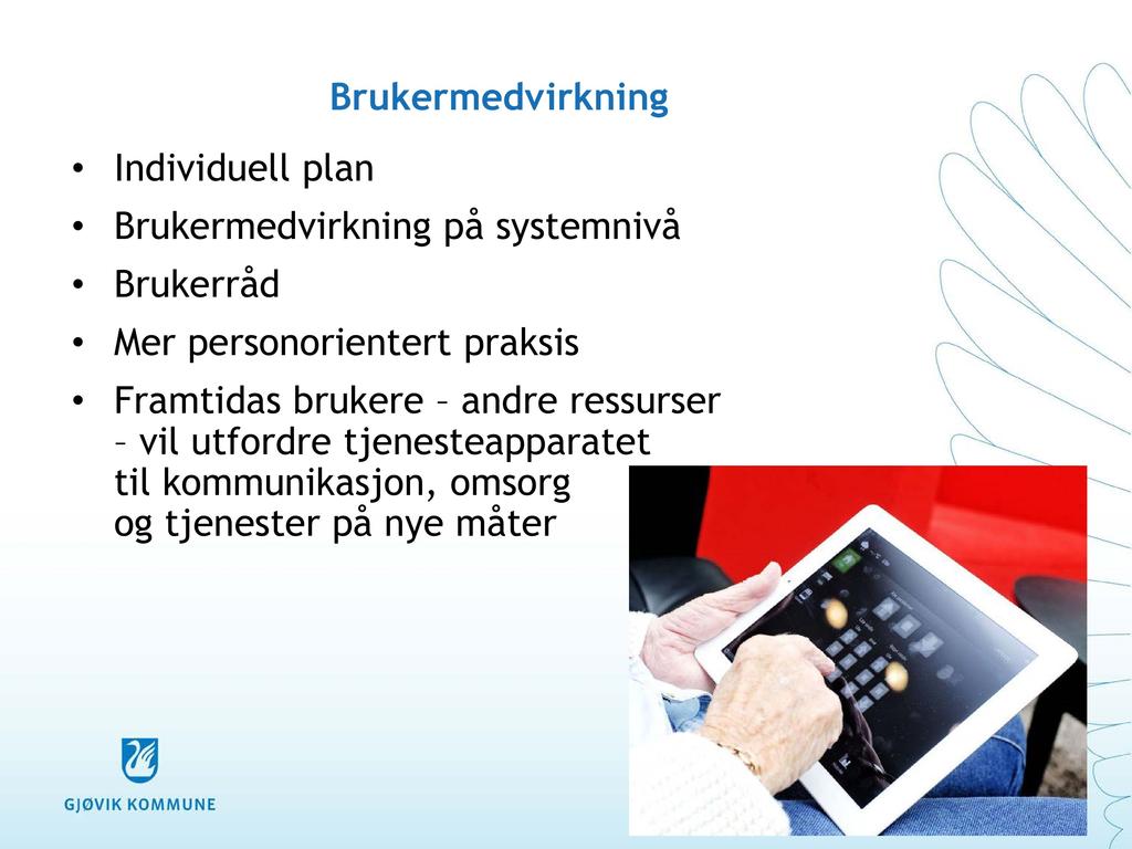 Individuell plan Brukermedvirkning Brukermedvirkning på systemnivå Brukerråd Mer personorientert praksis