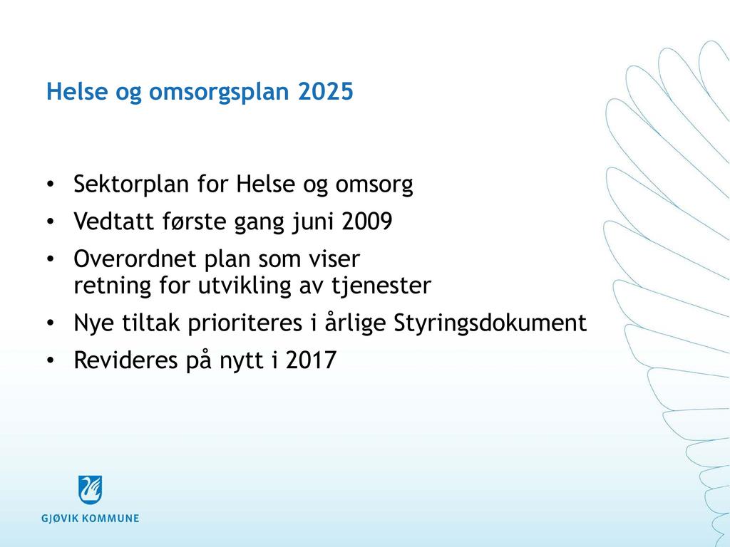 Helse og omsorgsplan 2025 Sektorplan for Helse og omsorg Vedtatt første gang juni 2009 Overordnet plan som