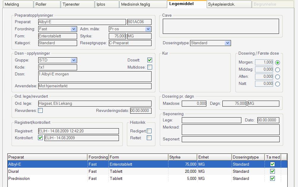 Elementer i denne listen hentes fra registrerte diagnoser på brukeren.